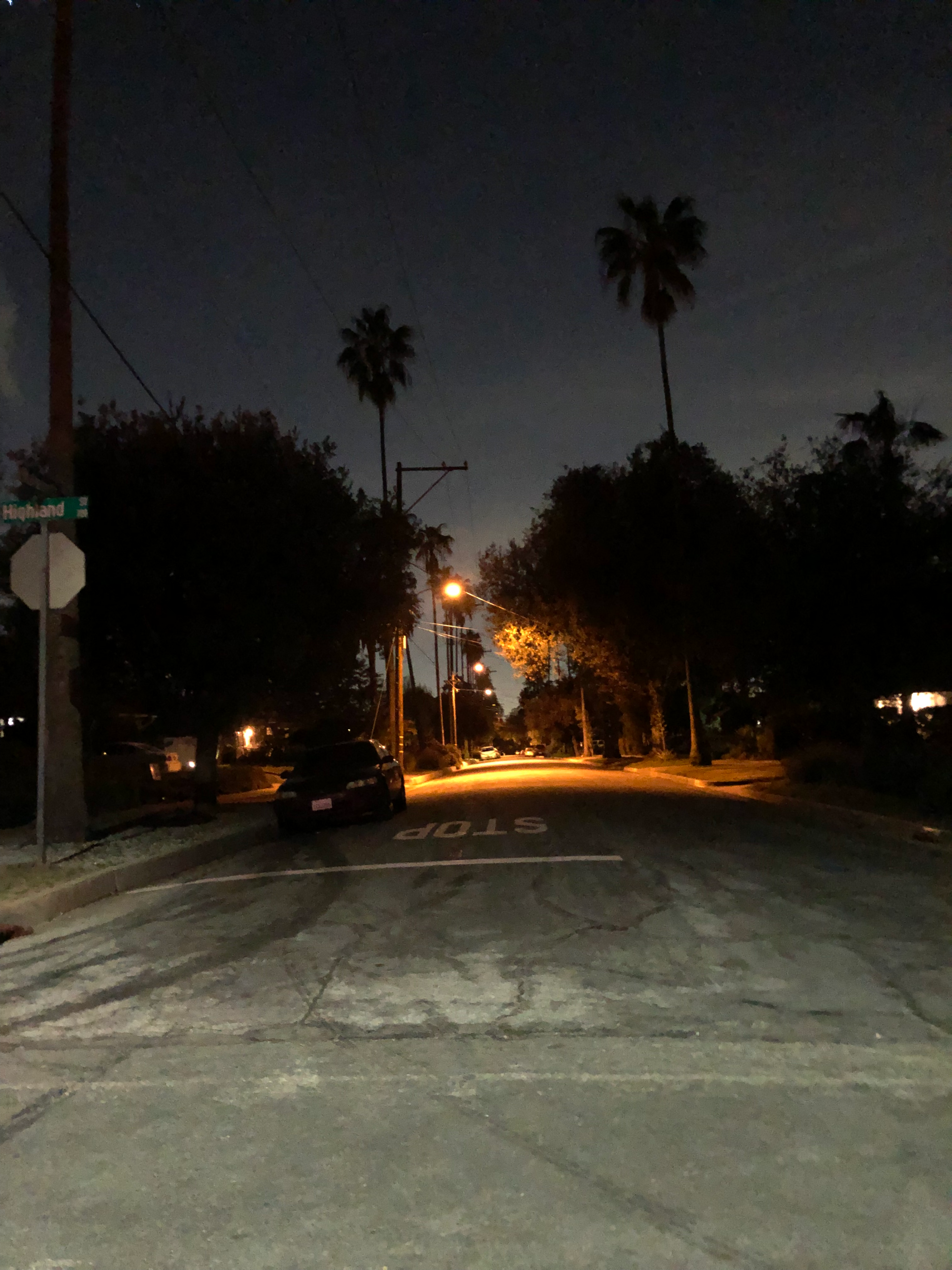 night shot of some street in robledo off of Highland Street, the street sign on the left edge of the frame. flash illuminates the asphalt in the foreground which darkens and yellows into the distance under scattered streetlights and silhouettes of palm trees. taken near the robledo art, strike headquarters, february 2023.